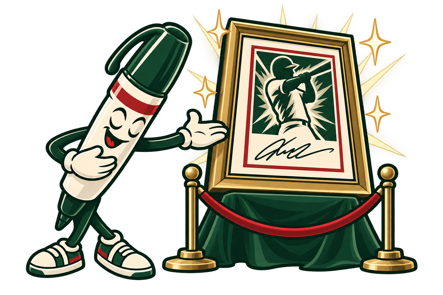 Illustrated marker presenting a framed baseball autograph