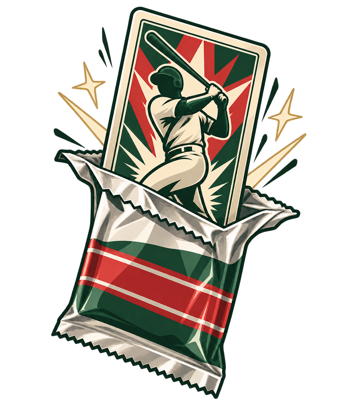 Illustrated baseball trading card emerging from a pack