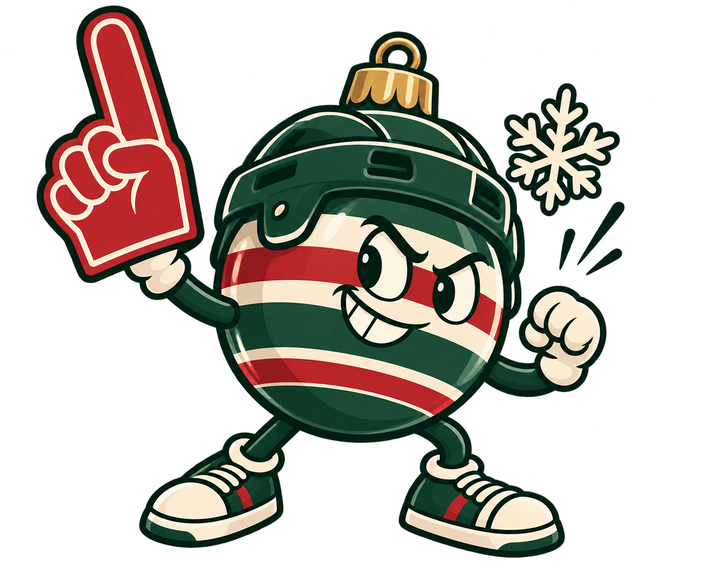 Illustrated hockey ornament holding a foam finger