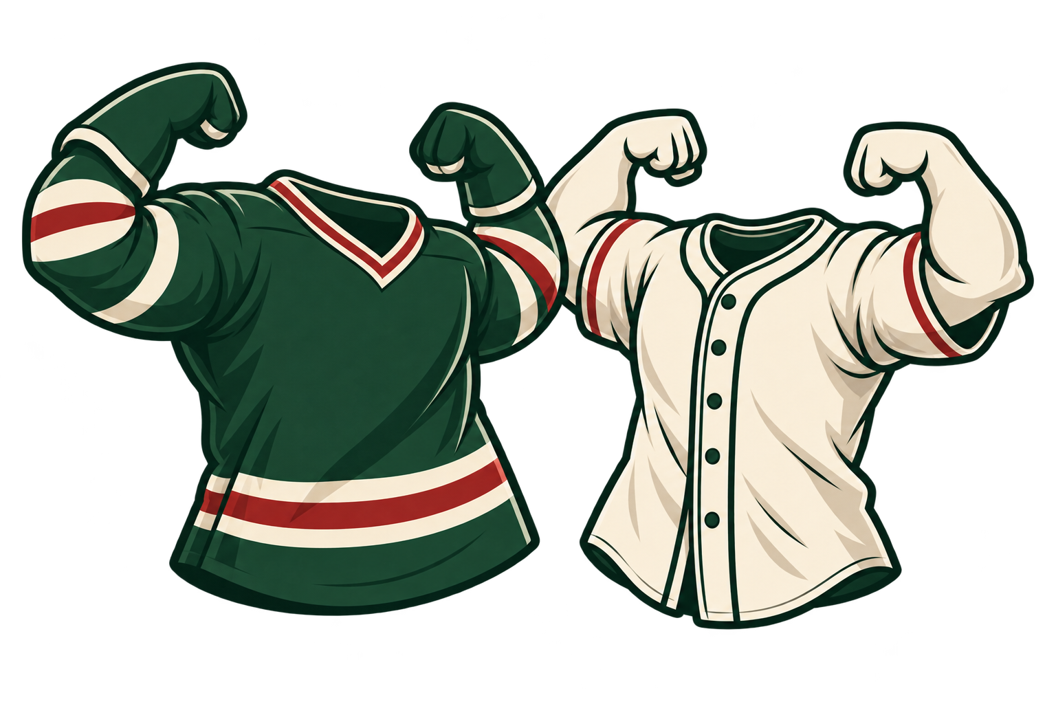 Illustrated hockey and baseball jerseys flexing