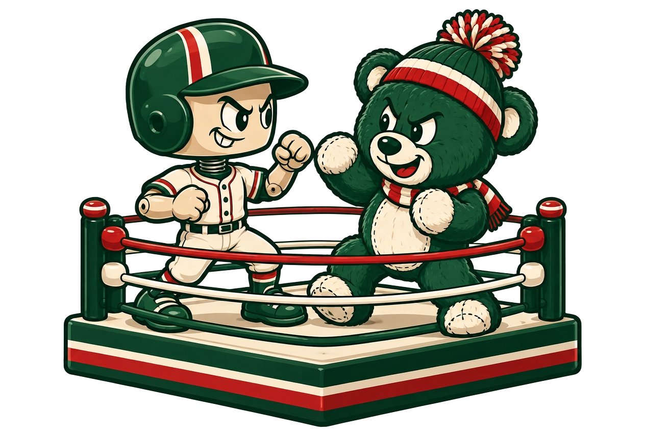 Illustrated baseball figure and teddy bear in a ring