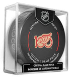 2025-26 NHL Detroit Red Wings 100th Anniversary Year Official Game Puck Design - in Cube