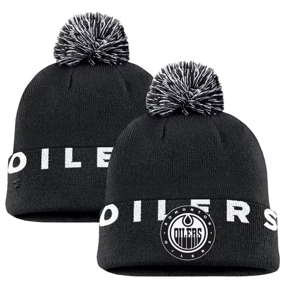 Men's Edmonton Oilers Fanatics Black High Stick Cuffed Knit Hat with Pom