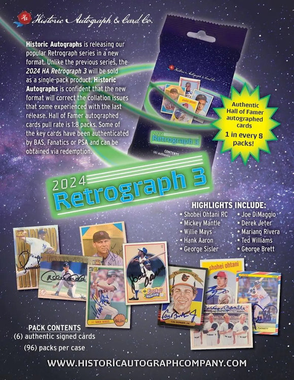 2024 Historic Autographs Retrographs 3 Baseball 24-Pack Case 6 Cards per Pack