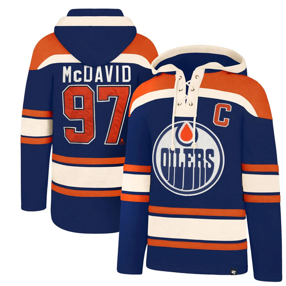 Men's Edmonton Oilers Connor McDavid '47 Royal Player Name & Number Lacer Pullover Hoodie