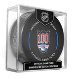 2025-26 NHL New York Rangers 100th Anniversary Year Official Game Puck Design - in Cube