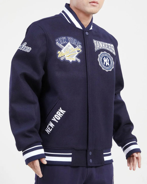 Men's Navy Blue New York Yankees Pro Standard Crest Wool Varsity Jacket