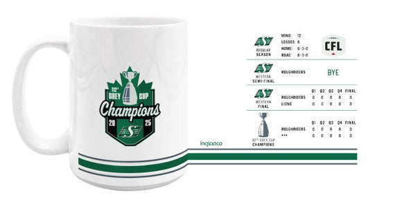 Saskatchewan Roughriders 2025 112th Grey Cup Champions 15oz. C Handle Mug with Stats