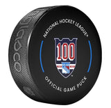 2025-26 NHL New York Rangers 100th Anniversary Year Official Game Puck Design - in Cube