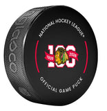 2025-26 NHL Chicago Blackhawks 100th Anniversary Year Official Game Puck Design - in Cube