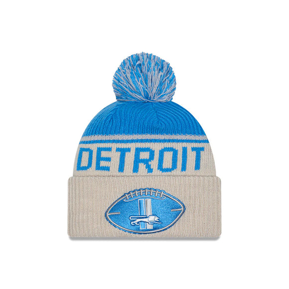 Men's New Era Stone Detroit Lions Sideline Historic Cuffed Knit Hat with Pom