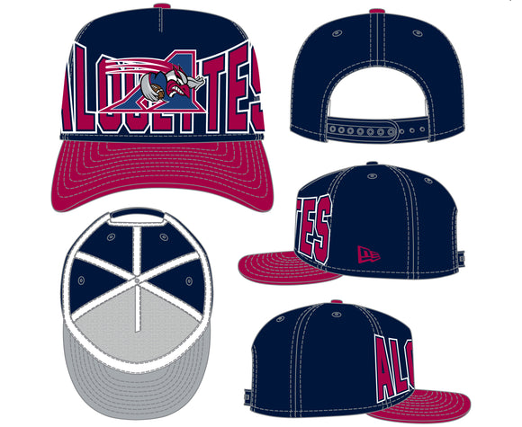 Men's New Era 9FIFTY CFL Montreal Alouettes Big Block 2025 A-Frame Turf Traditions Sideline Two Tone Snapback Hat - Navy/Maroon