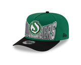 Men's New Era 9FIFTY CFL Saskatchewan Roughriders Big Block 2025 A-Frame Turf Traditions Sideline Two Tone Snapback Hat - Green/Black