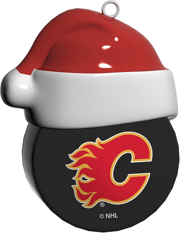 Calgary Flames Santa Hockey on Hockey Puck Ceramic Christmas Ornament By The Sports Vault