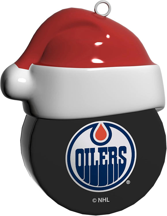 Edmonton Oilers Santa Hockey on Hockey Puck Ceramic Christmas Ornament By The Sports Vault