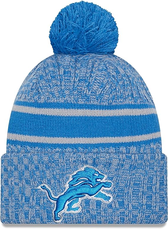 Men's New Era Blue Detroit Lions 2023 Sideline Cuffed Knit Hat With Pom