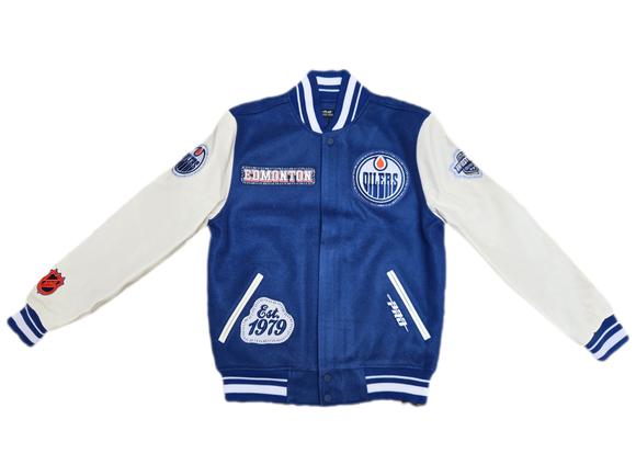 Men's NHL Edmonton Oilers DIY Pick Stitch Rib Wool Varsity Jacket - Pro Standard