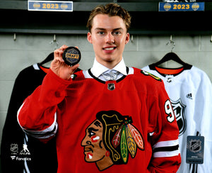 Chicago Blackhawks Unsigned Photograph Connor Bedard 2023 #1 Draft Pick - With Puck
