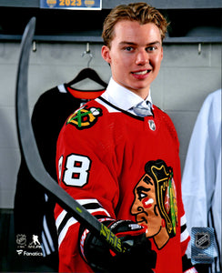 Chicago Blackhawks Unsigned Photograph Connor Bedard 2023 #1 Draft Pick - With Hockey Stick