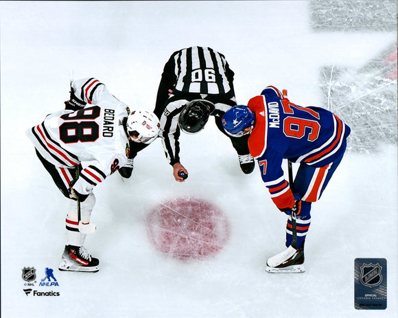 Connor Bedard Chicago Blackhawks vs Connor McDavid Edmonton Oilers Faceoff Unsigned Photograph - December 12, 2023