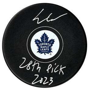 Easton Cowman Toronto Maple Leafs Signed Autograph Model Hockey Puck - With 28th Pick Inscription