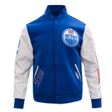 Men's NHL Hockey Edmonton Oilers Rib Wool Navy/White Varsity Jacket By Pro Standard