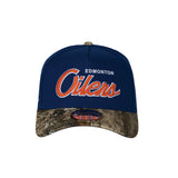 Men's Edmonton Oilers Script NHL New Era 9Forty A-Frame Snapback Hat - Royal/RealTree