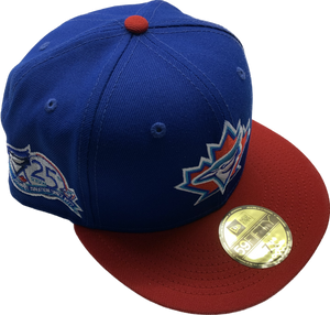 Toronto Blue Jays New Era 59fifty Vintage Retro Logo Fitted Custom Royal Red Hat Cap - With 25Th Anniversary Side Patch