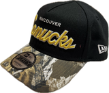 Men's Vancouver Canucks Script NHL New Era 9Forty A-Frame Snapback Hat - Black/RealTree