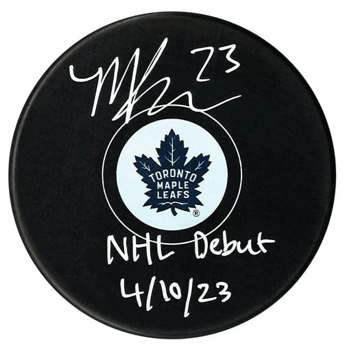 Matthew Knies Toronto Maple Leafs Signed Autograph Model Hockey Puck - With NHL Debut Inscription
