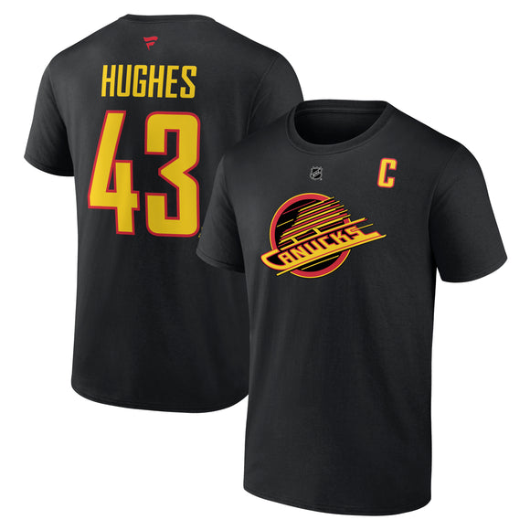 Men's Vancouver Canucks Quinn Hughes Fanatics Branded Black Authentic Stack Name & Number T-Shirt