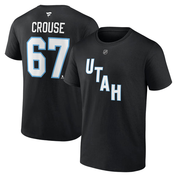 Men's Utah Hockey Club Lawson Crouse Fanatics Black Authentic Stack Name & Number T-Shirt