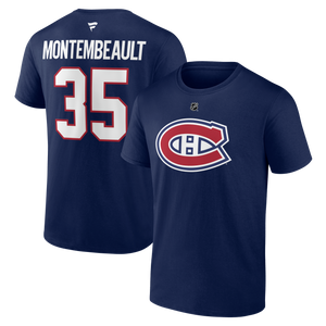 Men's Montreal Canadiens Sam Montembeault Fanatics Branded Navy Authentic Stack – Name & Number T-Shirt