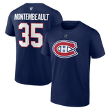 Men's Montreal Canadiens Sam Montembeault Fanatics Branded Navy Authentic Stack – Name & Number T-Shirt