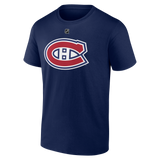 Men's Montreal Canadiens Sam Montembeault Fanatics Branded Navy Authentic Stack – Name & Number T-Shirt