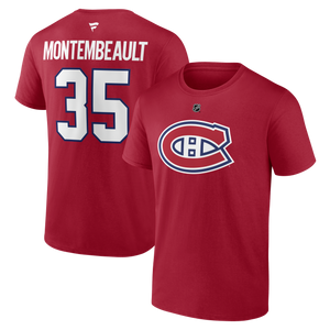 Men's Montreal Canadiens Sam Montembeault Fanatics Branded Red Authentic Stack – Name & Number T-Shirt