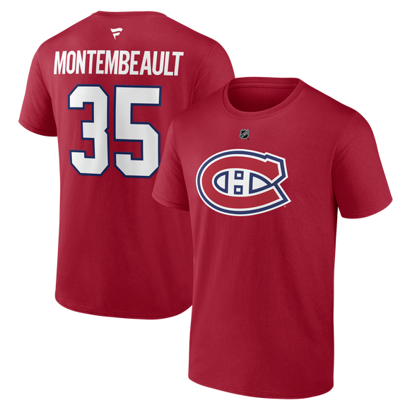 Men's Montreal Canadiens Sam Montembeault Fanatics Branded Red Authentic Stack – Name & Number T-Shirt