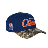 Men's Edmonton Oilers Script NHL New Era 9Forty A-Frame Snapback Hat - Royal/RealTree