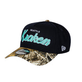 Men's Seattle Kraken Script NHL New Era 9Forty A-Frame Snapback Hat - Navy/RealTree