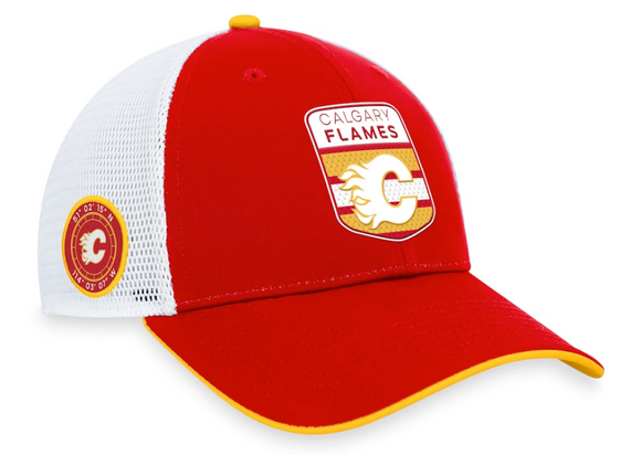 Men's Calgary Flames Fanatics Branded Red 2023 NHL Draft On Stage Trucker Snapback Hat