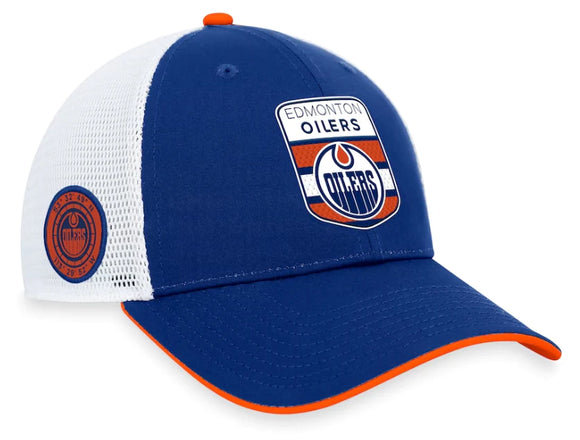 Youth Edmonton Oilers Fanatics Branded Blue 2023 NHL Draft On Stage Trucker Adjustable Hat
