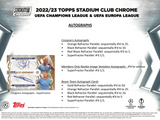 2022/23 Topps Stadium Club Chrome UEFA Club Competitions Soccer Hobby Box 12 Boxes Per Case, 20 Packs Per Box, 6 Cards Per Pack
