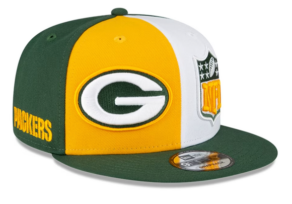 Men's New Era Gold/Green Green Bay Packers  2023 Sideline Primary Logo 9FIFTY Snapback Hat