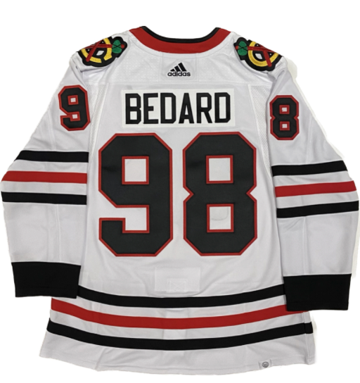Men’s NHL Chicago Blackhawks Connor Bedard Adidas Primegreen Away White – Authentic Jersey with ON ICE Cresting
