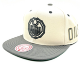 Men’s NHL Edmonton Oilers Mitchell & Ness Black Tape Snapback Hat – Beige