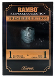 2024 Super Break Keepsake Rambo Collection Premiere Edition Hobby Box 1 Encased Relic Card, 1 5-Card Pack & 1 Card Stand per Box