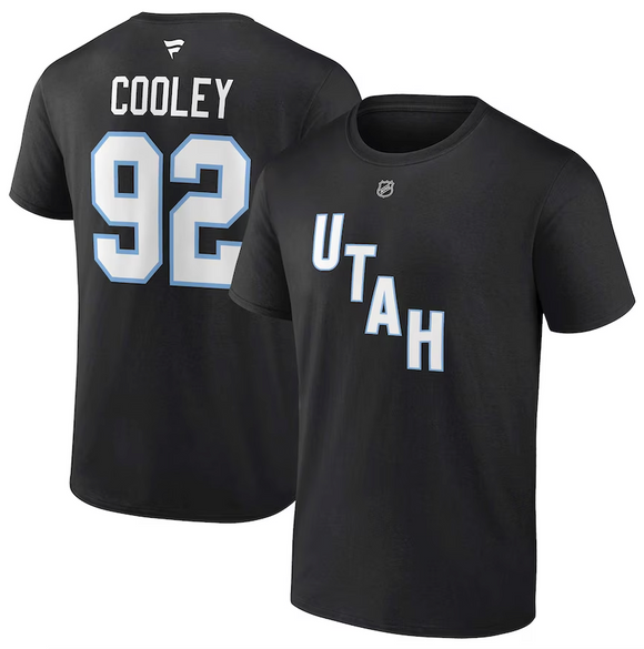 Men's Utah Hockey Club Logan Cooley Fanatics Black Authentic Stack Name & Number T-Shirt