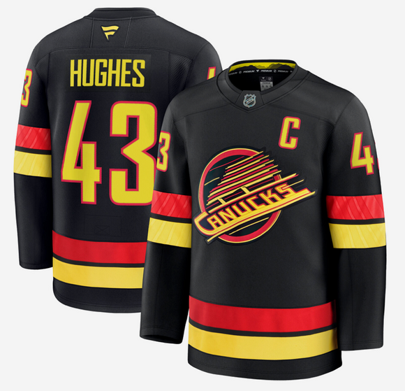 Men's Vancouver Canucks Fanatics Black Alternate Premium NHL Hockey Jersey - Quinn Hughes