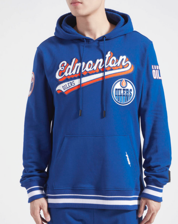 Men's Pro Standard Royal Blue Edmonton Oilers Script Tail Pullover Hoodie