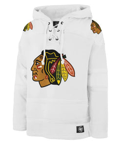 Men's Chicago Blackhawks NHL Hockey '47 Brand Heavyweight Jersey Lacer Hoodie - White Out